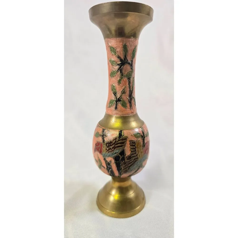 Hand-Painted Pink Floral Enamel Vintage Brass Bud Vase